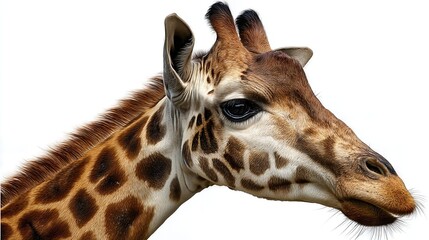 Close-up portrait of a giraffe's head with detailed fur and expressive eyes on a white background, profile angle