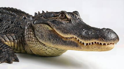 Obraz premium Close-up of an American alligator with detailed textured skin and sharp teeth on a white background, side angle