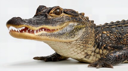 Fototapeta premium Close-up of an alligator showing textured skin and sharp teeth, on a white background with a side angle