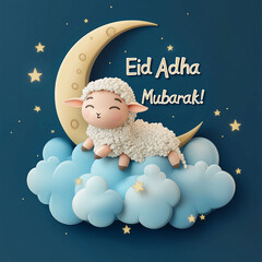 Fototapeta premium Eid ul Adha, Baby nursery decor sheep moon and stars plush toy clouds blue background cute dreamy sleep time artwork