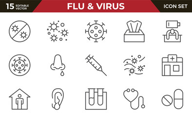 Flu and Virus Icon Set. An essential collection of icons designed to promote health awareness, perfect for enhancing medical materials, educational content, and public health campaigns.