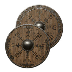 Naklejka premium Historic Wooden Viking Shields With Iron Rim On Transparent Background