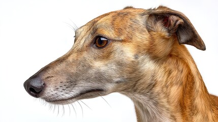 Close-up profile of a slender brown dog with detailed fur texture on a white background, side angle
