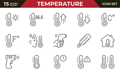 Temperature line icon set. Water and air temperature. Mercury, electronic, infrared thermometer. Oral, rectal, ear temperature. Outline icons collection. Series vector pictograms.