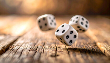 close up shot of standard white D6 dice on wooden table, AI Generated