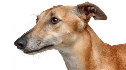 Obraz premium Close-up portrait of a fawn colored greyhound dog with amber eyes on a white background, side angle