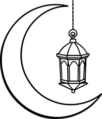 lantern hanging on crescent moon line art vector illustration outline