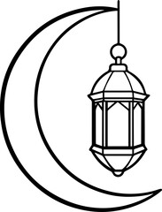 lantern hanging on crescent moon line art vector illustration outline