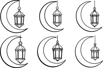 Set of lantern hanging on crescent moon line art vector illustration outline