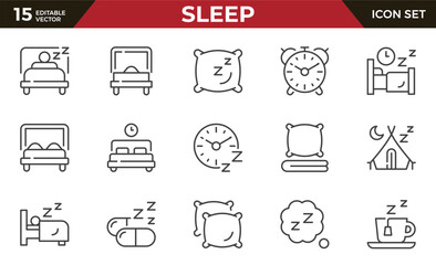 Sleep line icon set. Sleeping person, sleep, night rest, bed, pillow, sleeping pills, earplugs, moon, lullaby, bedtime story and more. Series outline icons. Vector pictogram collection.
