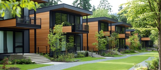 Obraz premium Row of Modern WoodClad Houses with Balconies, Steps, & Lush Green Landscape