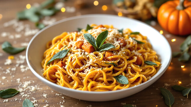 Bowl of spaghetti with pumpkin sauce, garnished with fresh herbs and grated cheese, sits wooden table adorned with autumn leaves and small