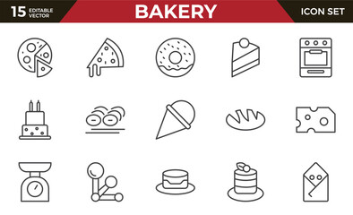 Bakery and dessert outline icon. Contains such Icons as cookie, pudding, oven, kitchen tools, doughnut, bread, macaroon, muffin And Other Elements. customize color, easy resize.