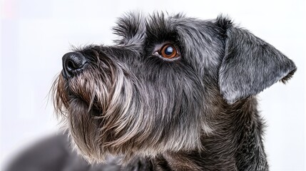 Close-up portrait of a gray Schnauzer dog looking attentively to the side on a white background, side profile angle