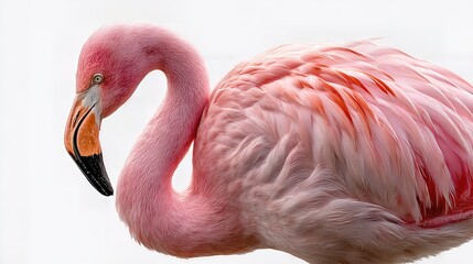 Close-up of a vibrant pink flamingo with detailed feathers and curved neck on a white background, side angle
