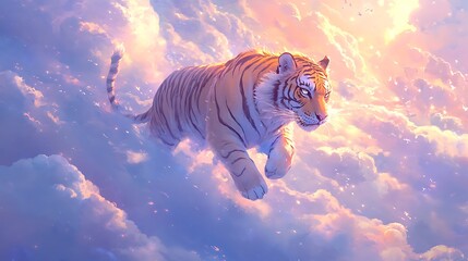 tiger with a crown of floating stones standing in still silence