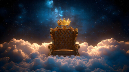 A golden throne, adorned with a crown, sits majestically amidst clouds under a starry sky