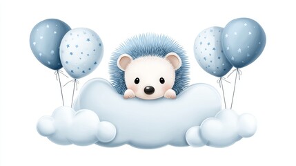 Adorable Hedgehog with Balloons on Clouds - Cute cartoon hedgehog peeking from a blue cloud with balloons, perfect for baby announcements or children's themes