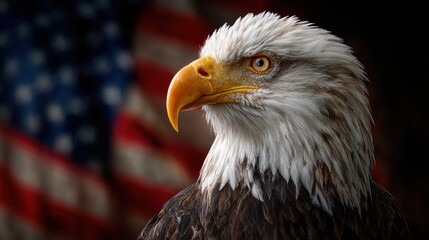 Close-up profile of a majestic bald eagle with American flag blurred in background, side view