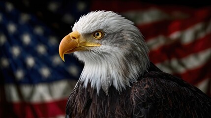 Naklejka premium Close-up portrait of a majestic bald eagle with an American flag background, front angle 
