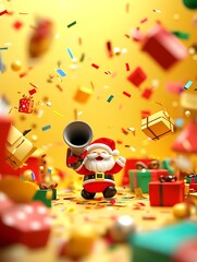 Festive Santa with gifts and confetti