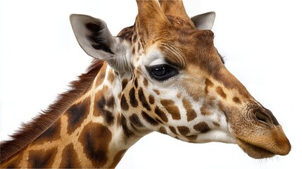 Naklejka premium Close-up portrait of a giraffe's head with detailed fur and patterns on a white background, side angle