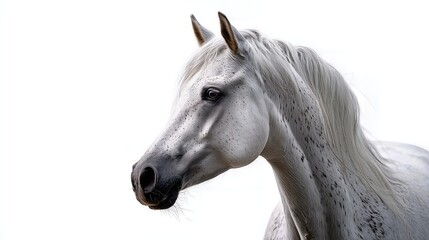 Fototapeta premium Close-up portrait of a white spotted horse with a flowing mane on a white background, side angle