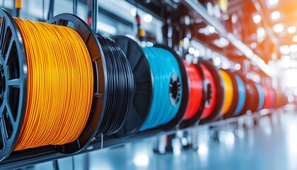Obraz premium Colorful spools of filament arranged on industrial shelving.