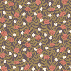 Wild rose bushes with leaves and seeds forming a maximalist floral wall pattern in colors of red, green, off white on blue-gray background. Botanical seamless vector pattern. Great for home decor, etc