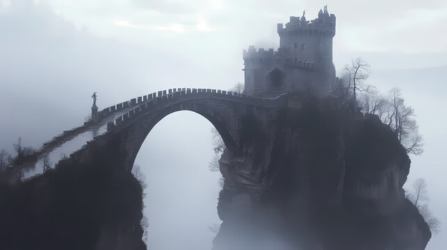 Stone bridge connects clifftop castle in mist. [Skyroot Canopy] | Skylink Arch | aerial bridge. Illustration