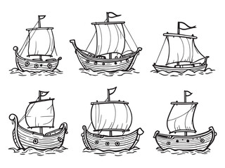 Wood boat clean line art illustrations