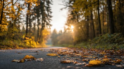 Obraz premium Autumnal forest road bathed in golden sunlight.