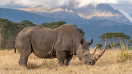Obraz premium Majestic white rhinoceros grazing in a savanna landscape.