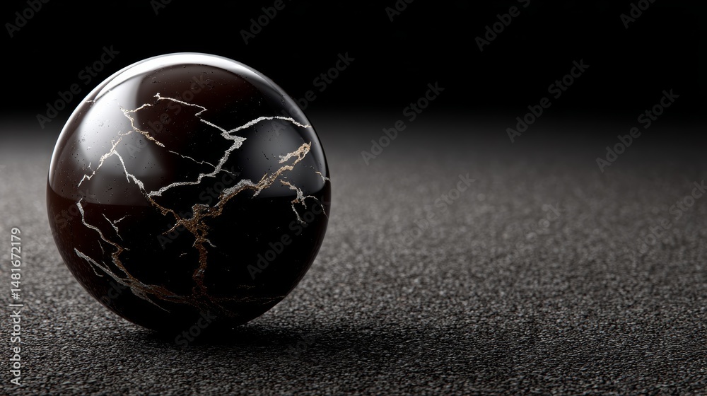 Poster Close-up capture features a glossy obsidian sphere with striking silver veins resting on dark velvet. The soft lighting enhances its modern sophistication