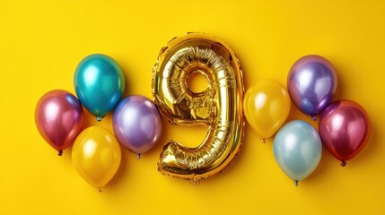 Birthday celebration with balloons in vibrant colors and a large number nine