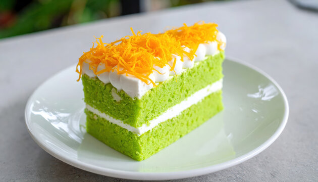 Slice of vibrant green pandan coconut cake topped with fluffy white cream and golden foi thong on white plate