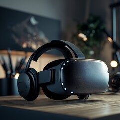 High-Tech Virtual Reality Headset on Wooden Table in Modern Office