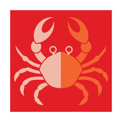 Simple illustration of a crab in flat design style with a red background and orange tones