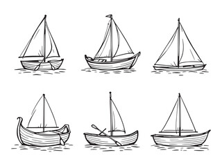 Wood boat line art illustrations set