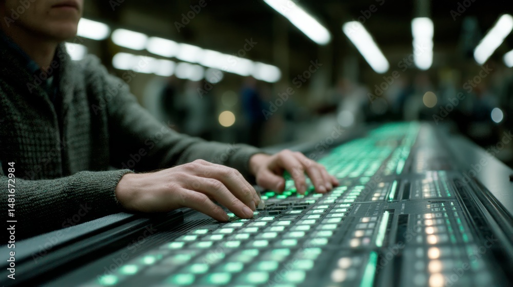 Poster Technician's hands navigate intricate circuitry inside an advanced device, illuminated by vibrant neon lights in a modern tech workshop