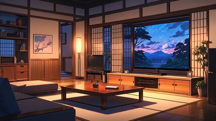 3D rendering of a traditional Japanese living room, TV with static, anime style, evening mood