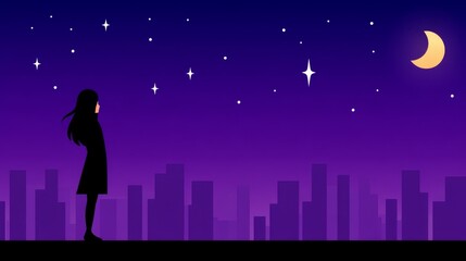 Girl Watching Night Sky Cityscape - Silhouette of a girl gazing at a night sky filled with stars and a crescent moon above a city skyline
