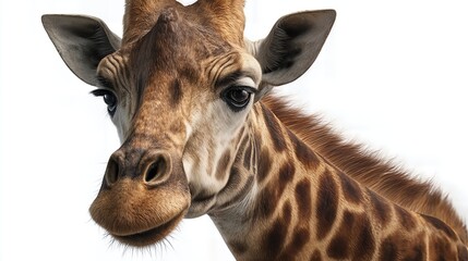 Obraz premium Close-up portrait of a curious giraffe on a white background, front angle