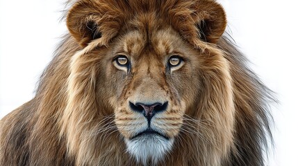 Obraz premium A close-up portrait of a majestic male lion looking directly into the camera on a white background