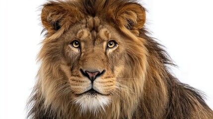 Obraz premium A detailed close-up portrait of a majestic lion with a full mane on a white background, front-facing angle