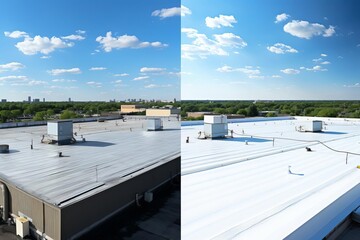 Split screen shows building roof before (left) and after (right) coating application; cityscape and sky background.