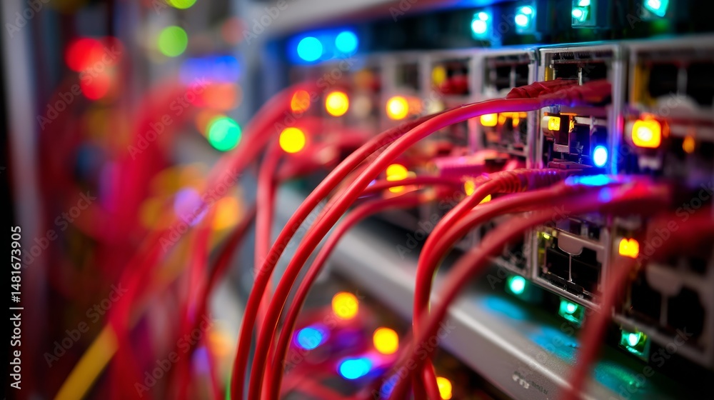 Leinwandbilder Detailed look into server racks displaying glowing indicator lights and neatly arranged cables, showcasing the advanced IT infrastructure in a data center