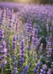 Obraz premium Soft focus on a sea of lavender flowers swaying in the wind, lavender fields, soothing, relaxation