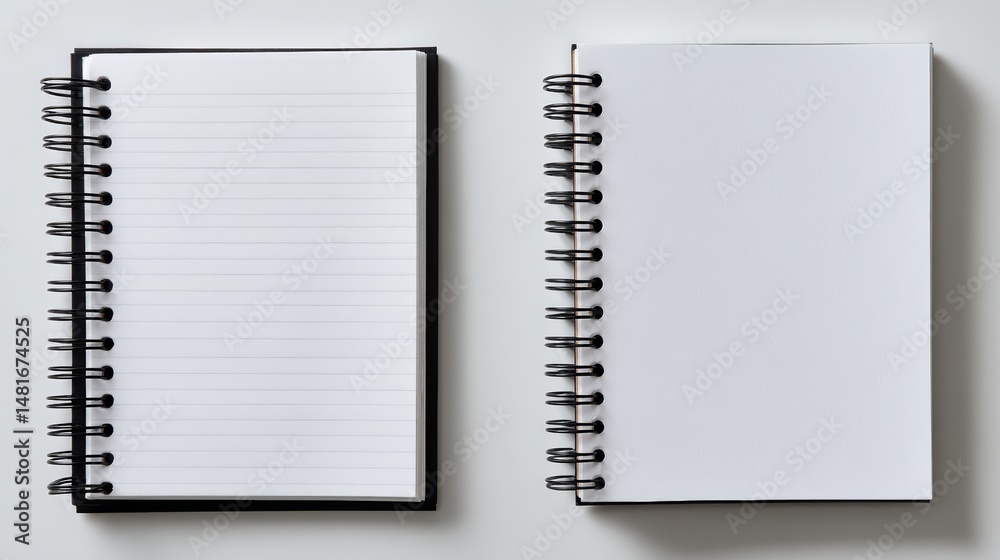 Poster spiral-bound notebook lies flat with its cover open, showcasing pristine white pages, inviting inspi