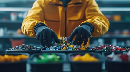 Worker sorting colorful plastic waste at recycling plant wea protective gloves and yellow jacket uniform.